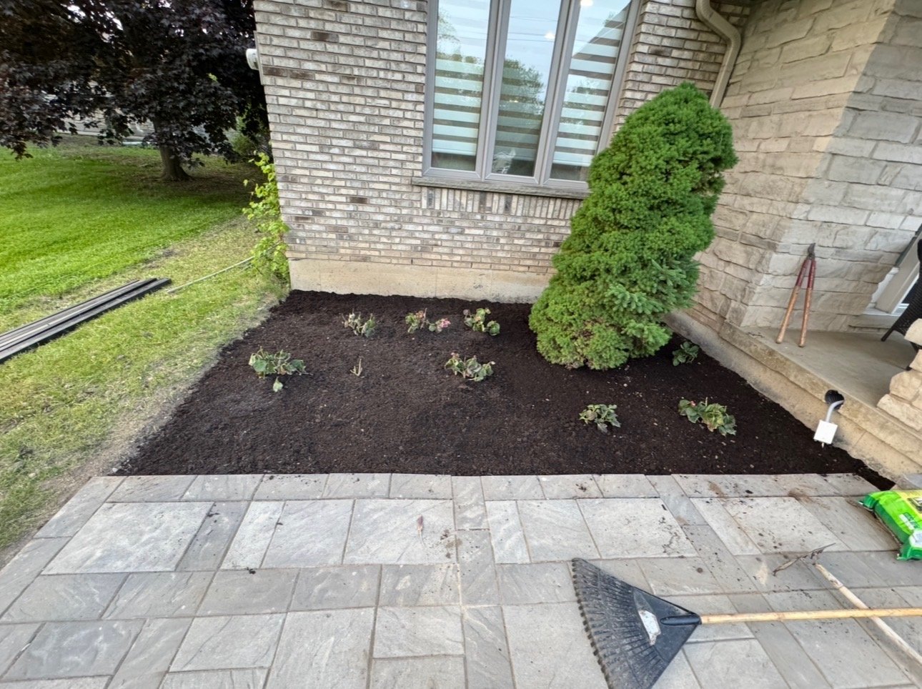 Landscaping project with fresh mulch and decorative garden beds by OSS Outdoor Solution Services